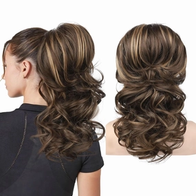 SEIKEA Ponytail Extension, 18" Long Wavy Curly Drawstring Ponytail Multi-layered Fluffy Thick Clip in Hair Extensions Natural Soft Synthetic Hairpiece Chocolate Brown with Highlights