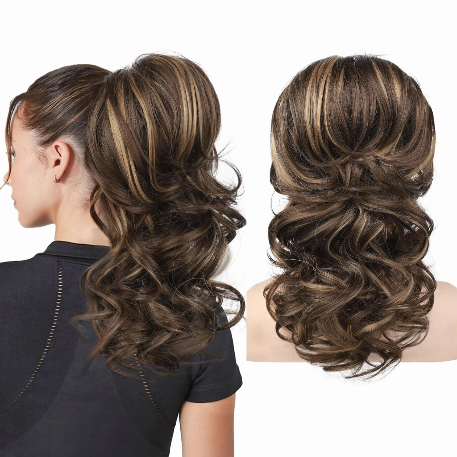 SEIKEA Ponytail Extension, 18" Long Wavy Curly Drawstring Ponytail Multi-layered Fluffy Thick Clip in Hair Extensions Natural Soft Synthetic Hairpiece Chocolate Brown with Highlights