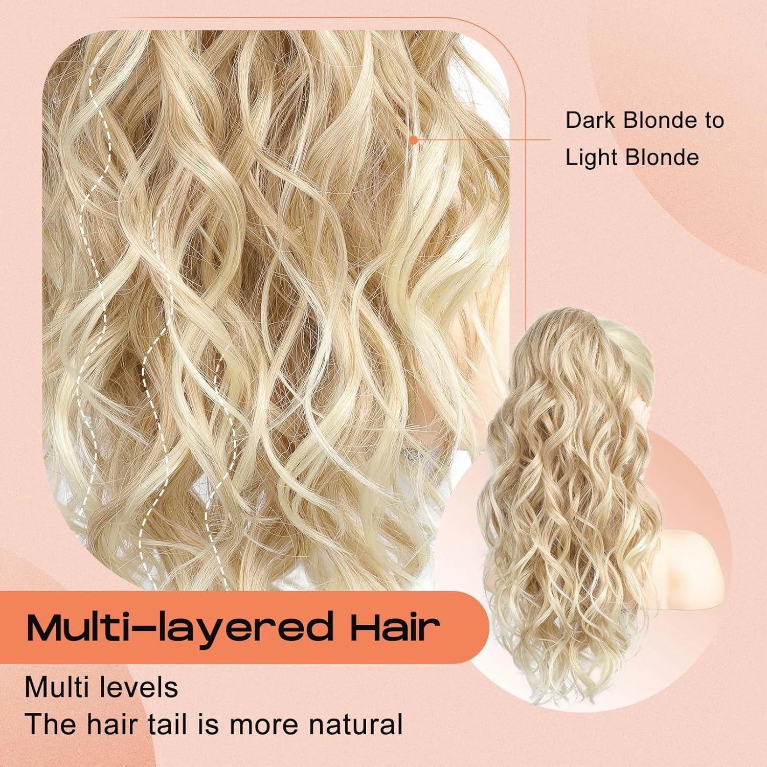 SEIKEA Ponytail Extension, 20" Lightweight Fluffy Drawstring Ponytail, Long Wavy Curly Multi-layered Clip in Hair Extensions, Natural Soft Synthetic Hairpiece, Dark Blonde to Light Blonde