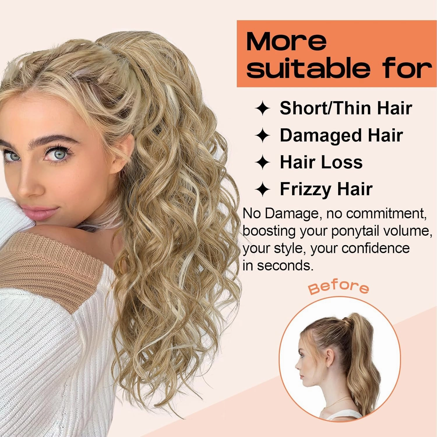 SEIKEA Ponytail Extension, 20" Lightweight Fluffy Drawstring Ponytail, Long Wavy Curly Multi-layered Clip in Hair Extensions, Natural Soft Synthetic Hairpiece, Dark Blonde to Light Blonde