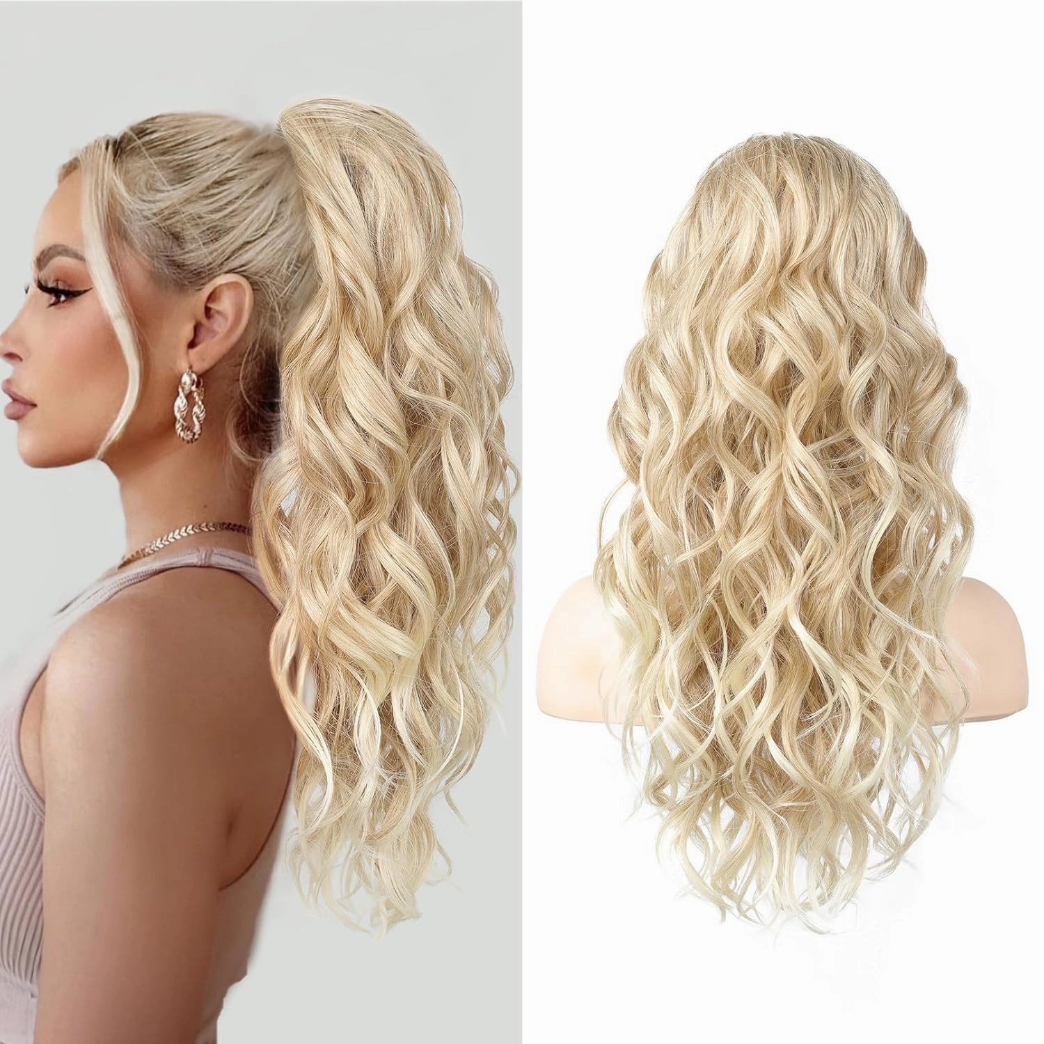 SEIKEA Ponytail Extension, 20" Lightweight Fluffy Drawstring Ponytail, Long Wavy Curly Multi-layered Clip in Hair Extensions, Natural Soft Synthetic Hairpiece, Dark Blonde to Light Blonde