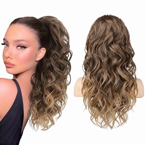 SEIKEA Ponytail Extension, 20" Lightweight Fluffy Drawstring Ponytail Long Wavy Curly Multi-layered Clip in Hair Extensions Ponytail Natural Soft Synthetic Hairpiece Brown to Blonde