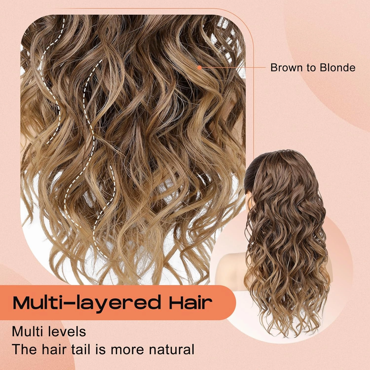 SEIKEA Ponytail Extension, 20" Lightweight Fluffy Drawstring Ponytail Long Wavy Curly Multi-layered Clip in Hair Extensions Ponytail Natural Soft Synthetic Hairpiece Brown to Blonde