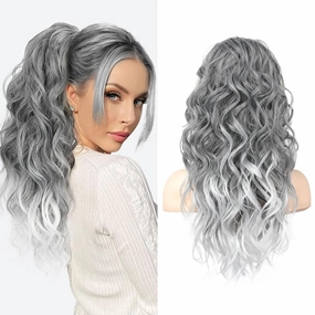 SEIKEA Ponytail Extension, 20" Lightweight Fluffy Drawstring Ponytail Long Wavy Curly Multi-layered Clip in Hair Extensions Ponytail Natural Soft Synthetic Hairpiece Silver Grey