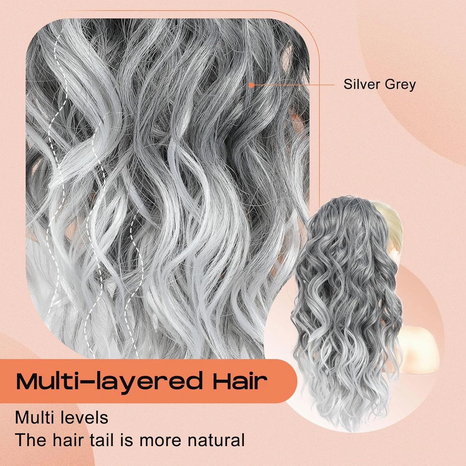 SEIKEA Ponytail Extension, 20" Lightweight Fluffy Drawstring Ponytail Long Wavy Curly Multi-layered Clip in Hair Extensions Ponytail Natural Soft Synthetic Hairpiece Silver Grey