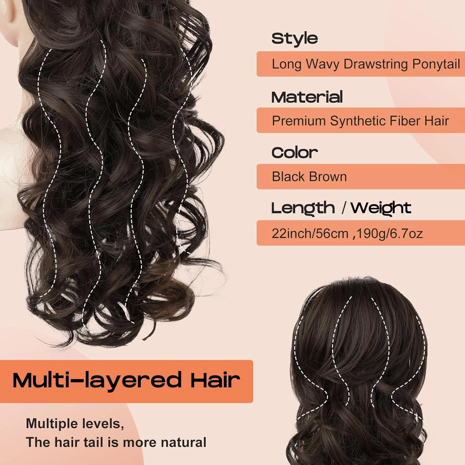 SEIKEA Ponytail Extension, 22" Long Wavy Curly Drawstring Ponytail Multi-layered Fluffy Thick Clip in Hair Extensions Natural Soft Synthetic Hairpiece Black Brown