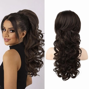 SEIKEA Ponytail Extension, 22" Long Wavy Curly Drawstring Ponytail Multi-layered Fluffy Thick Clip in Hair Extensions Natural Soft Synthetic Hairpiece Black Brown