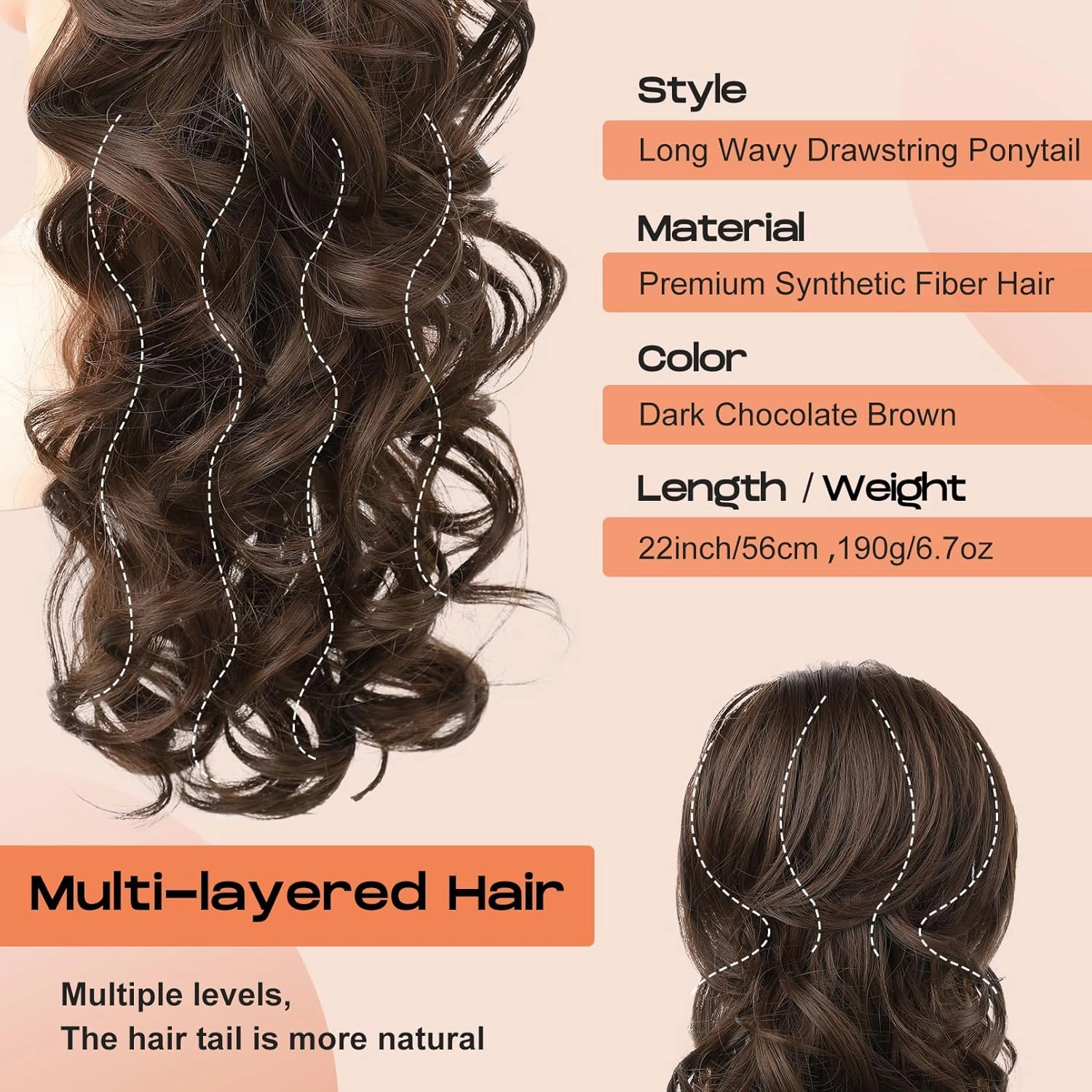 SEIKEA Ponytail Extension, 22" Long Wavy Curly Drawstring Ponytail Multi-layered Fluffy Thick Clip in Hair Extensions Natural Soft Synthetic Hairpiece Dark Chocolate Brown