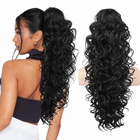 SEIKEA Ponytail Extension, 24" Fluffy Long Wavy Curly Claw Clip Hair Extensions Ponytail Multi-layered Clip in Fake Pony Tails Natural Soft Synthetic Hairpiece Black
