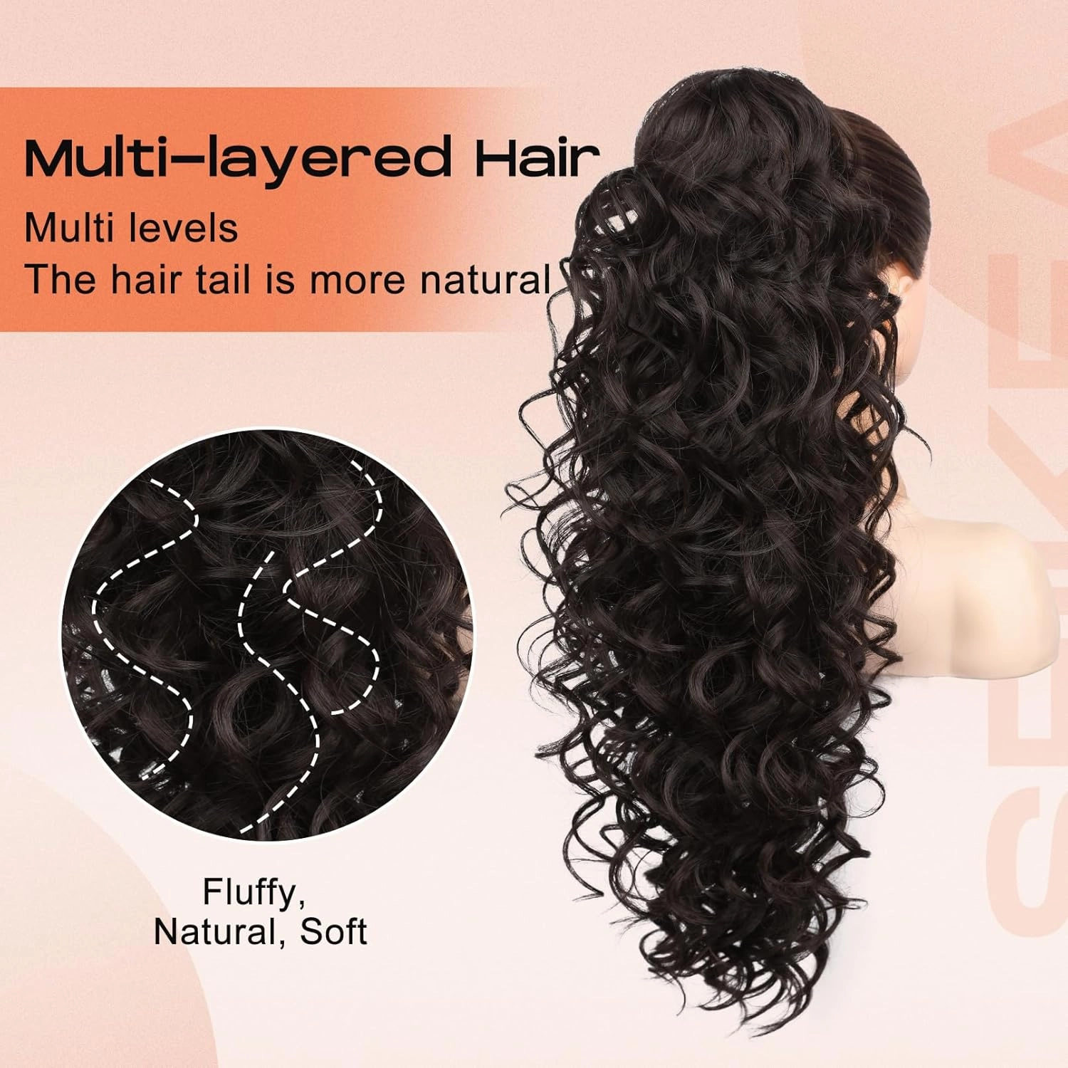 SEIKEA Ponytail Extension, 24" Fluffy Long Wavy Curly Claw Clip Hair Extensions Ponytail Multi-layered Clip in Fake Pony Tails Natural Soft Synthetic Hairpiece Black Brown