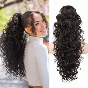 SEIKEA Ponytail Extension, 24" Fluffy Long Wavy Curly Claw Clip Hair Extensions Ponytail Multi-layered Clip in Fake Pony Tails Natural Soft Synthetic Hairpiece Black Brown