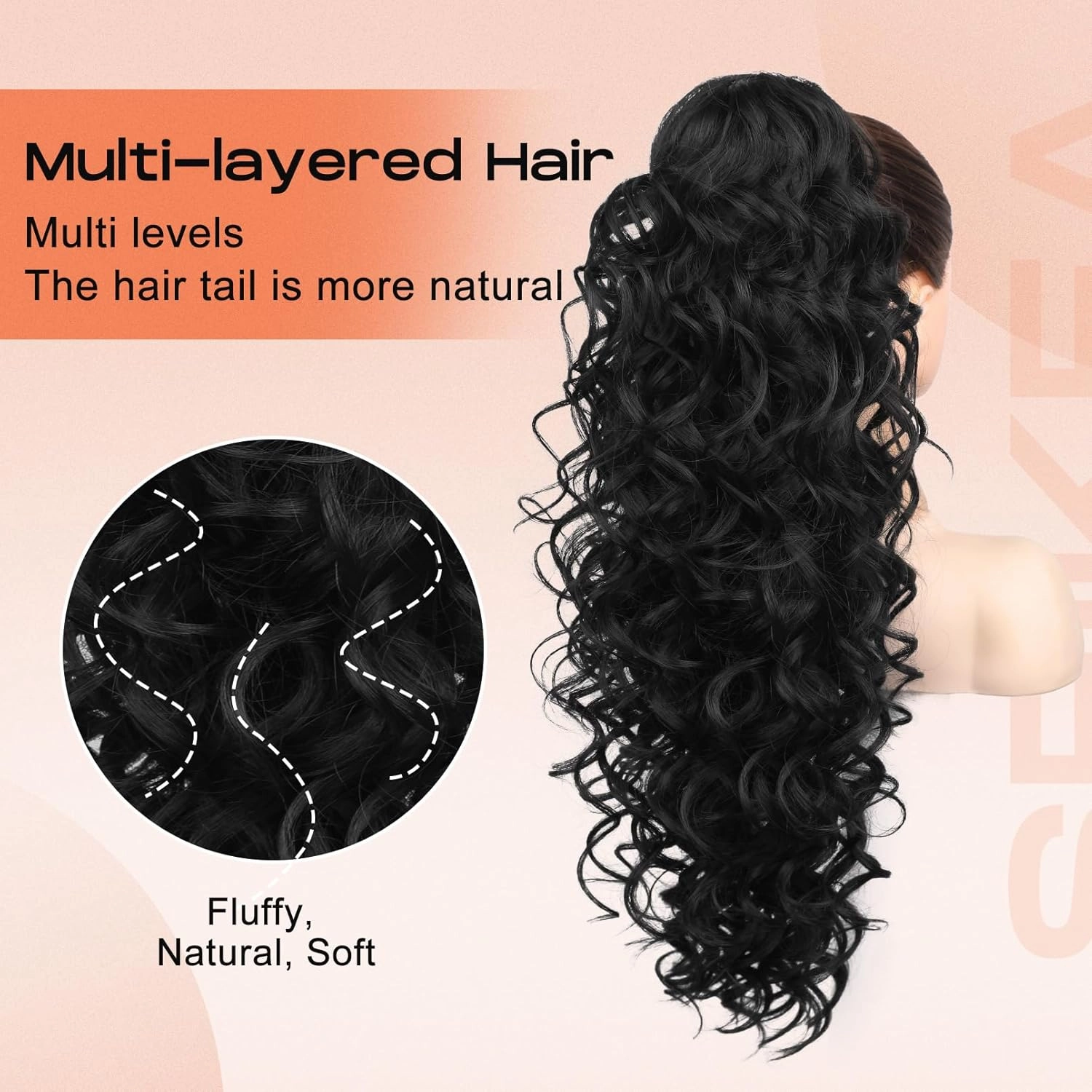 SEIKEA Ponytail Extension, 24" Fluffy Long Wavy Curly Claw Clip Hair Extensions Ponytail Multi-layered Clip in Fake Pony Tails Natural Soft Synthetic Hairpiece Black