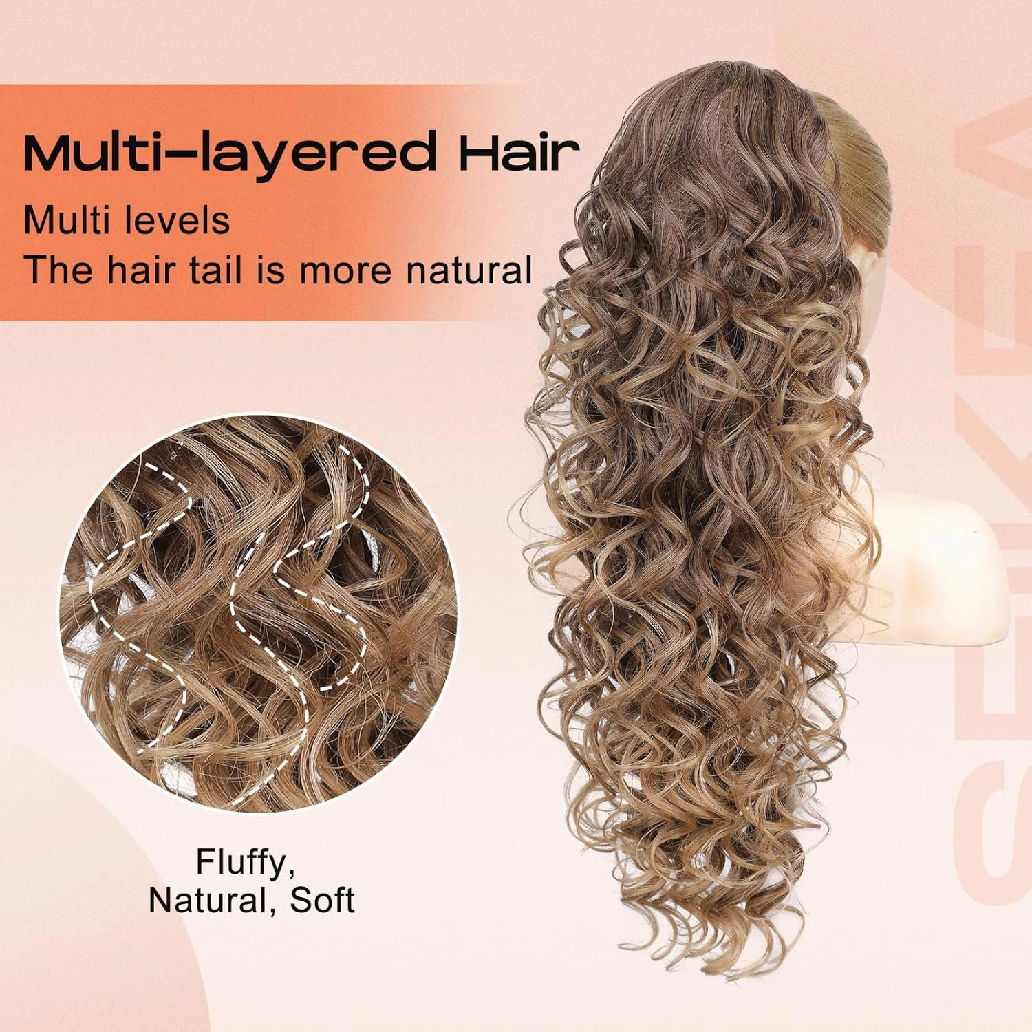 SEIKEA Ponytail Extension, 24" Fluffy Long Wavy Curly Claw Clip Hair Extensions Ponytail Multi-layered Clip in Fake Pony Tails Natural Soft Synthetic Hairpiece Brown to Blonde