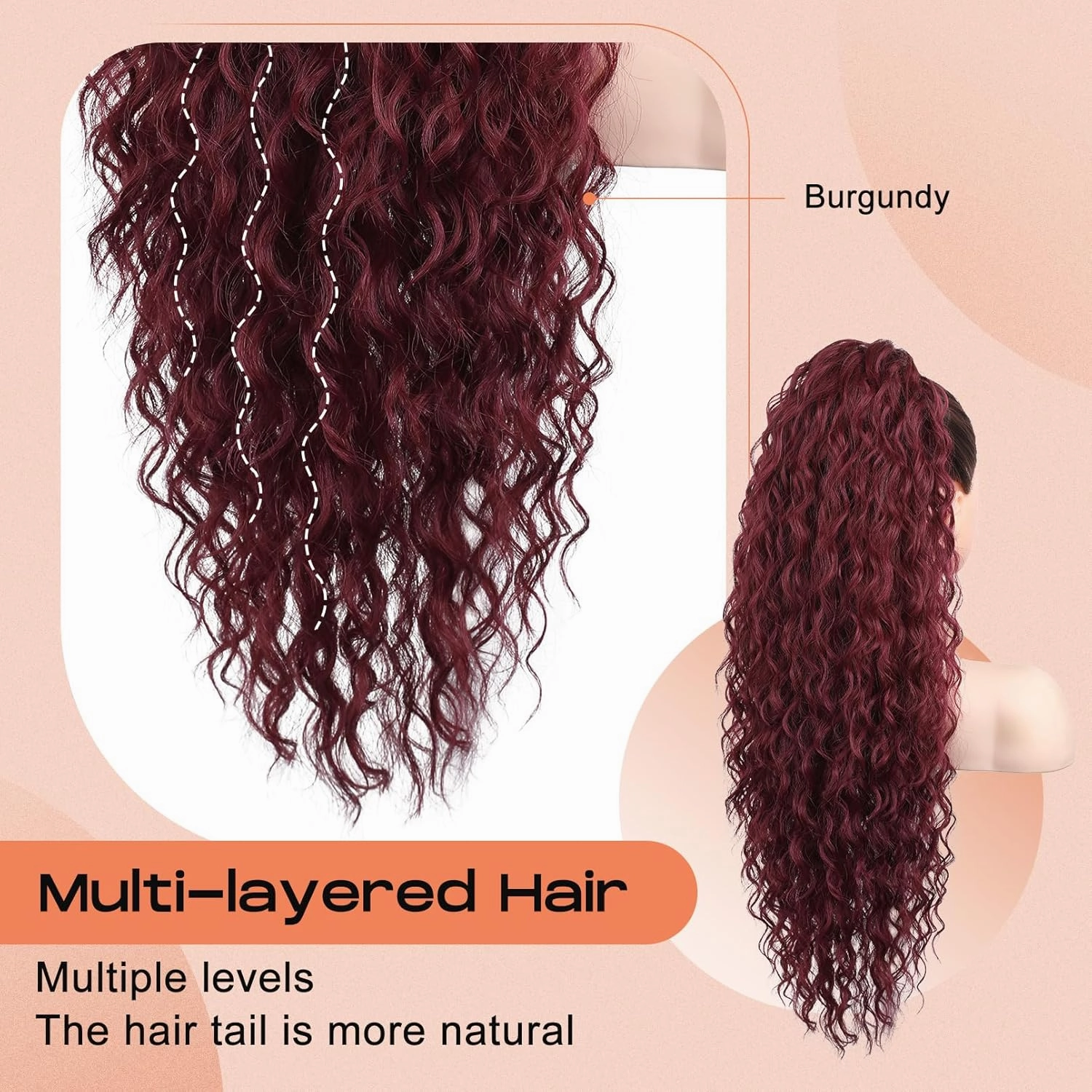 SEIKEA Ponytail Extension, 26" Long Lightweight Full Natural Curly Drawstring Ponytail Fake Pony Tail Multi Layered Soft Clip in Hair Extensions Synthetic Hairpiece Burgundy
