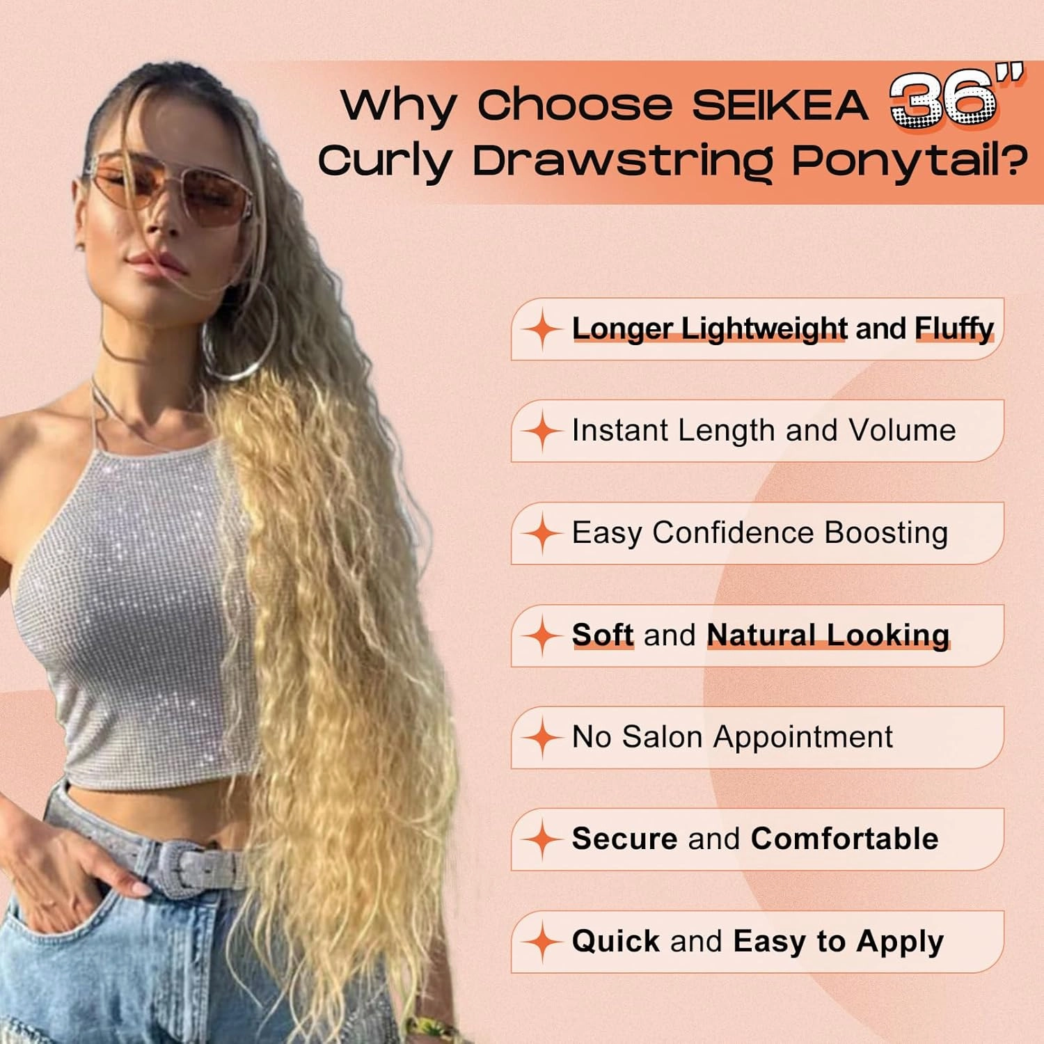 SEIKEA Ponytail Extension, 36" Long Lightweight Full Natural Curly Drawstring Ponytail Black Brown Fake Pony Tail Multi Layered Soft Clip in Hair Extensions Ponytail Synthetic Hairpiece for Women