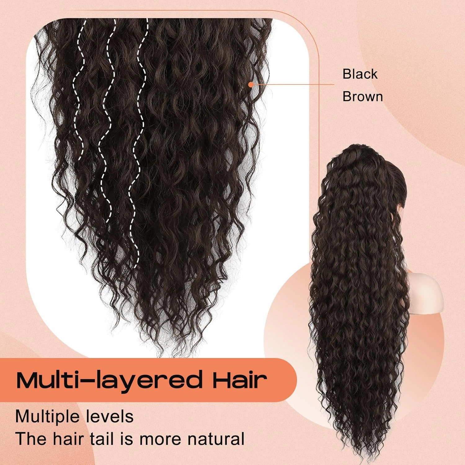 SEIKEA Ponytail Extension, 36" Long Lightweight Full Natural Curly Drawstring Ponytail Black Brown Fake Pony Tail Multi Layered Soft Clip in Hair Extensions Ponytail Synthetic Hairpiece for Women