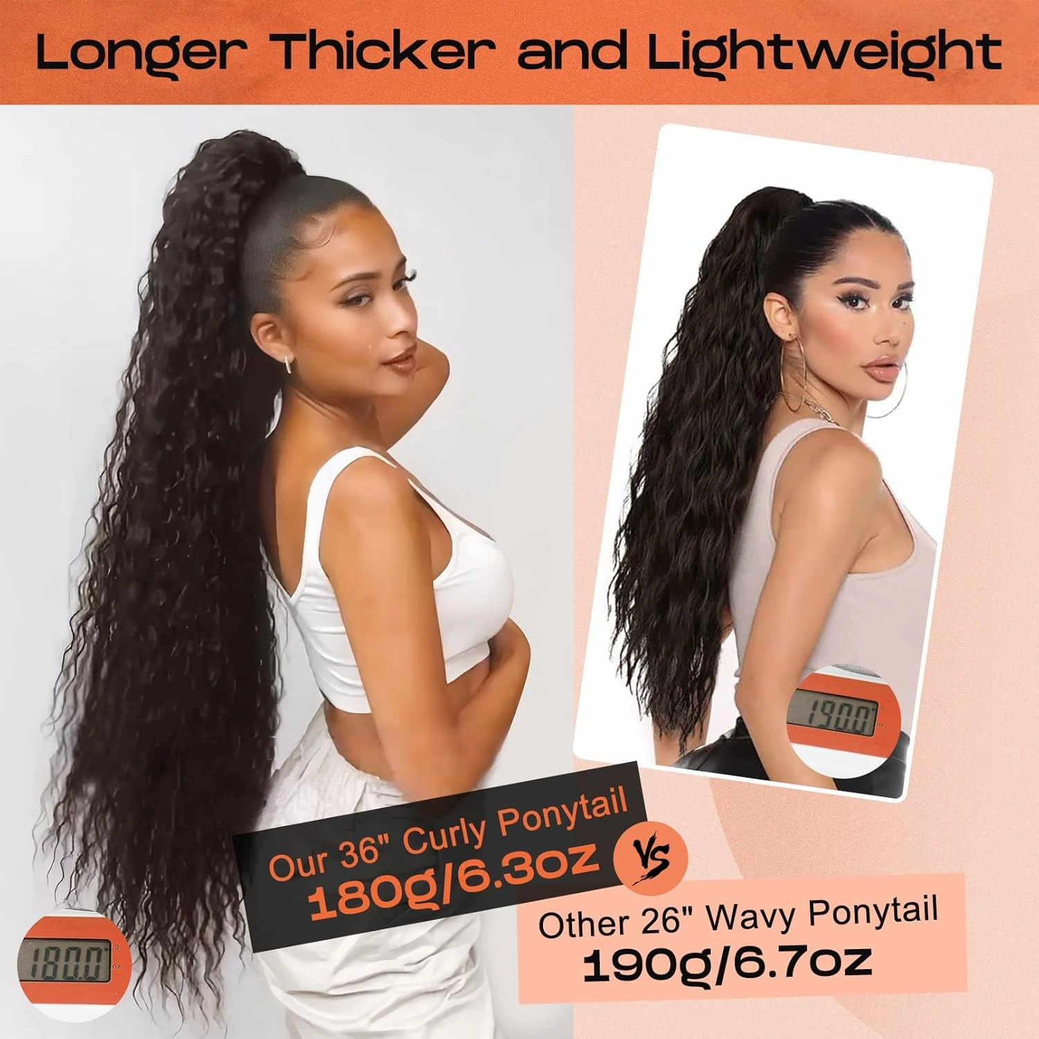 SEIKEA Ponytail Extension, 36" Long Lightweight Full Natural Curly Drawstring Ponytail Black Brown Fake Pony Tail Multi Layered Soft Clip in Hair Extensions Ponytail Synthetic Hairpiece for Women
