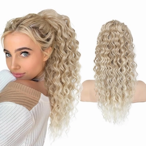 SEIKEA Ponytail Extension, PT005 Isabella 18" Long Bohemian Curly Drawstring Ponytail Light Fluffy Multi Layered Clip in Hair Extensions Ponytail Natural Soft Synthetic Hairpiece Dark/LightBlonde