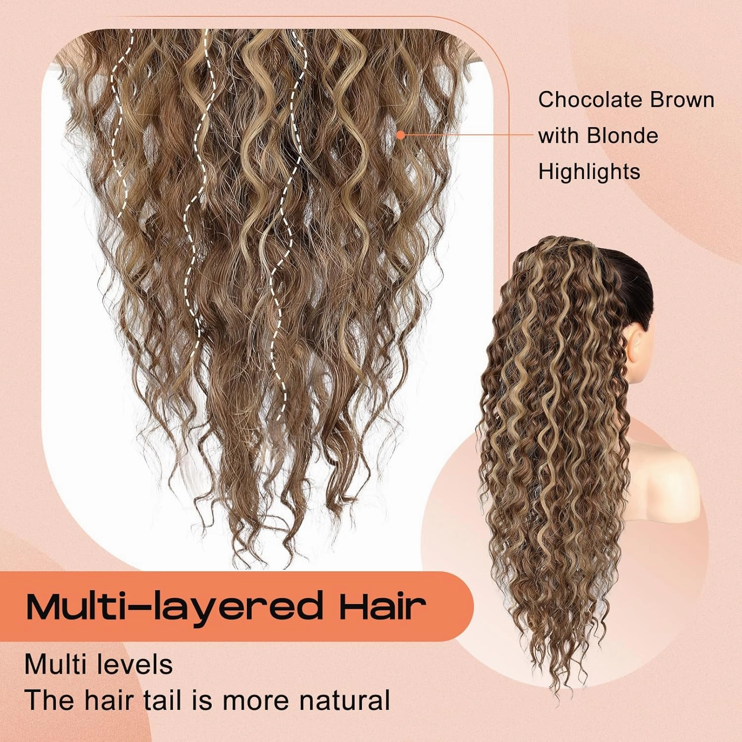 SEIKEA Ponytail Extension, PT005 Isabella 26" Long Bohemian Curly Drawstring Ponytail Light Fluffy Multi Layered Clip in Hair Extensions Ponytail Natural Soft Synthetic Hairpiece ChocolateBrown/Blonde