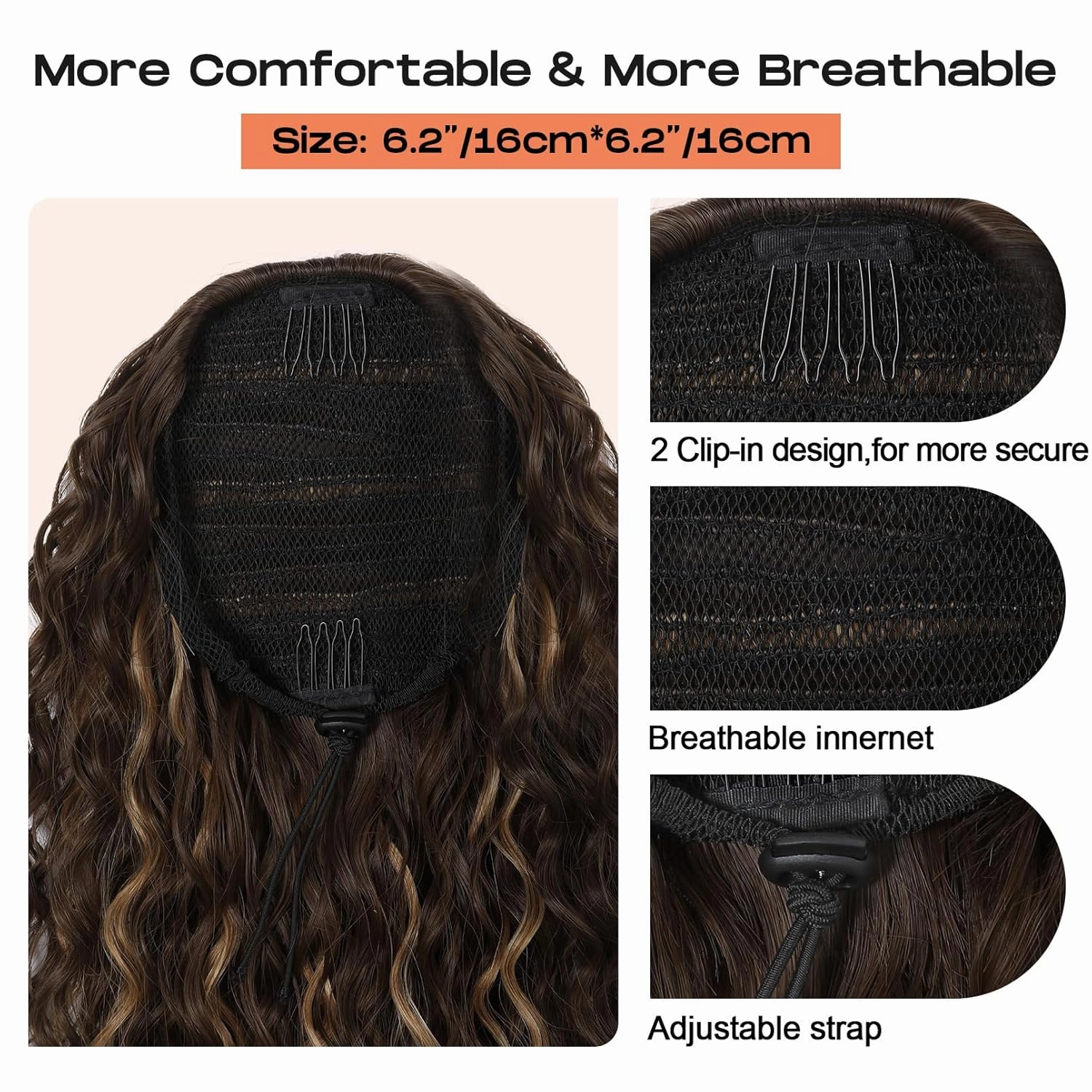 SEIKEA Ponytail Extension, PT005 Isabella 26" Long Bohemian Curly Highlight Drawstring Ponytail Multi Layered Light Fluffy Clip in Hair Extensions Ponytail Chocolate Brown Caramel Blonde Highlights