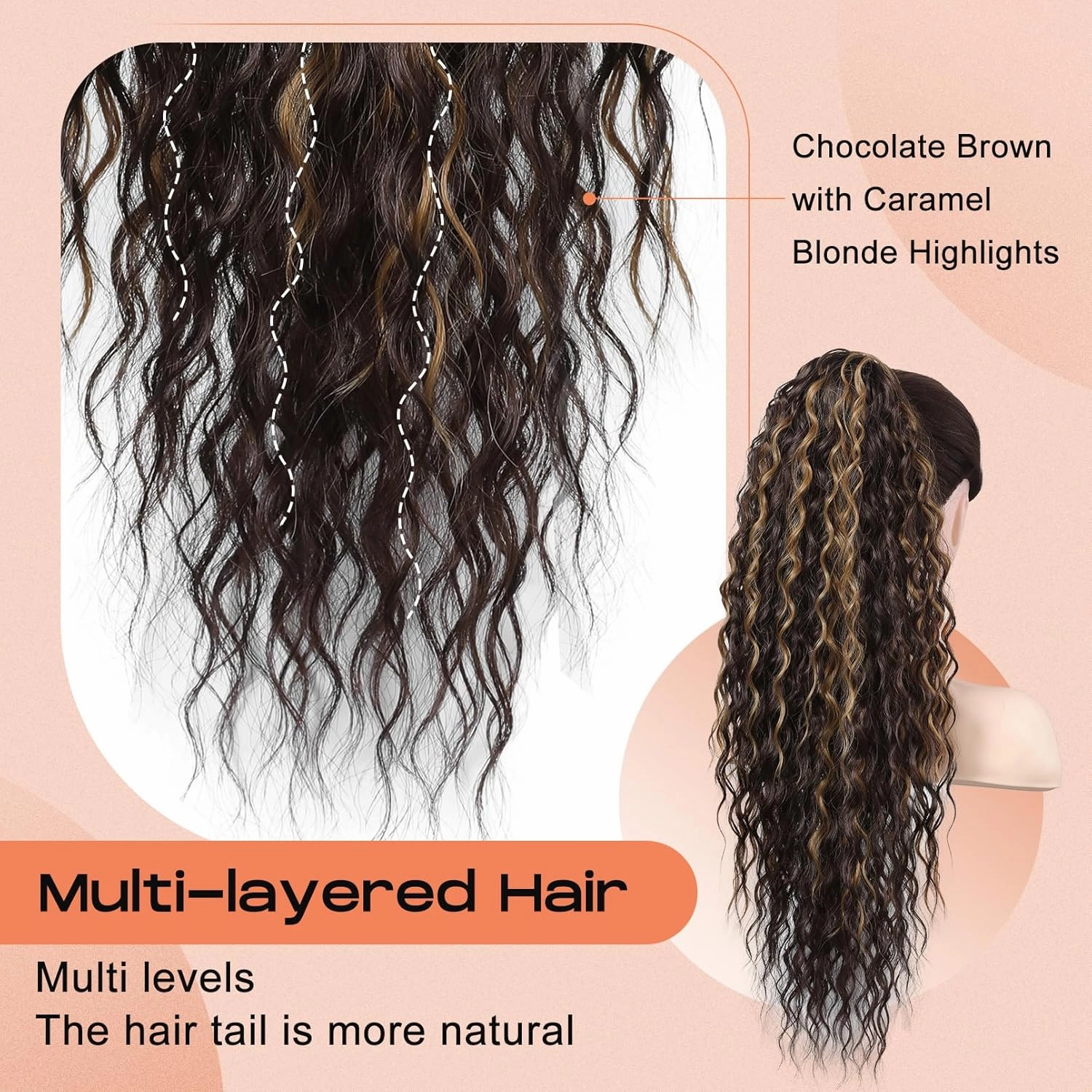 SEIKEA Ponytail Extension, PT005 Isabella 26" Long Bohemian Curly Highlight Drawstring Ponytail Multi Layered Light Fluffy Clip in Hair Extensions Ponytail Chocolate Brown Caramel Blonde Highlights