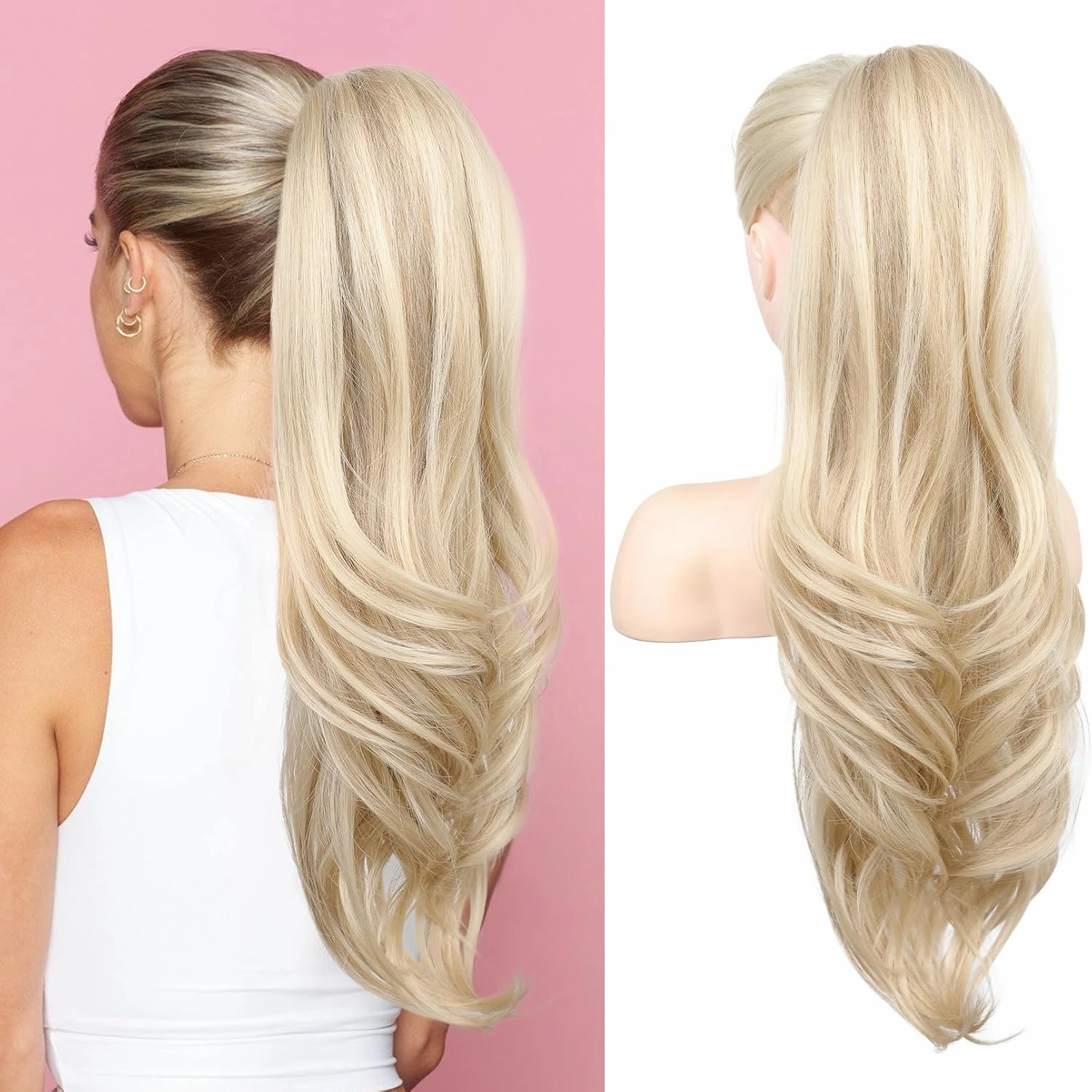 SEIKEA Versatile Drawstring Ponytail Extension, 26" Long Wavy Multi Layered Clip in Ponytail Hair Extensions Stand Up High Fake Pony Tail Soft Natural Synthetic Hairpiece Ash Blonde/White Blonde