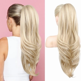 SEIKEA Versatile Drawstring Ponytail Extension, 26" Long Wavy Multi Layered Clip in Ponytail Hair Extensions Stand Up High Fake Pony Tail Soft Natural Synthetic Hairpiece Ash Blonde/White Blonde