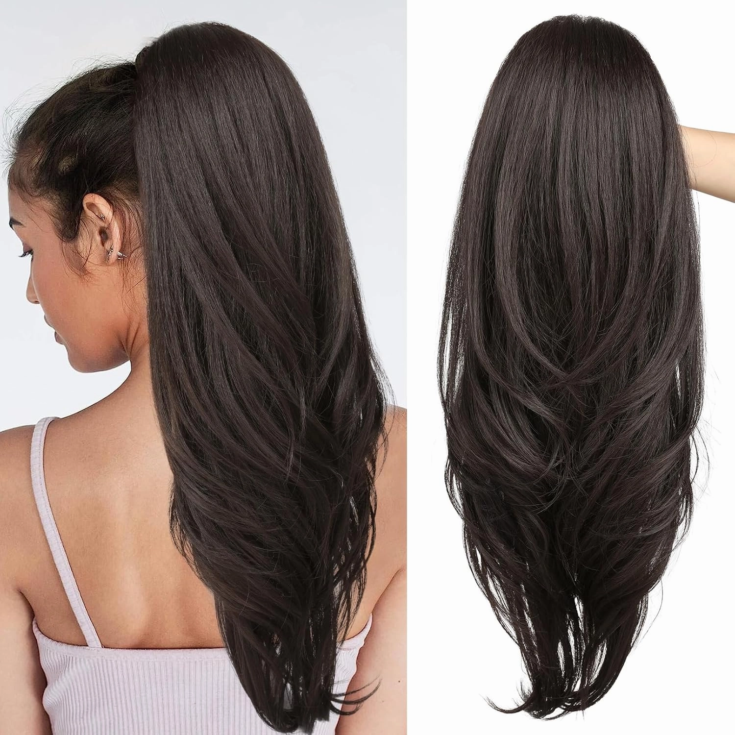 SEIKEA Versatile Drawstring Ponytail Extension, 26" Long Wavy Multi Layered Clip in Ponytail Hair Extensions Stand Up High Fake Pony Tail Soft Natural Synthetic Hairpiece for Women Black Brown