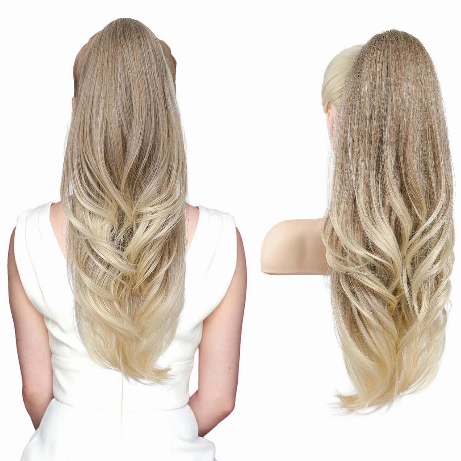 SEIKEA Versatile Drawstring Ponytail Extension, 26" Long Wavy Multi Layered Clip in Ponytail Hair Extensions Stand Up High Fake Pony Tail Soft Natural Synthetic Hairpiece Glazed Mocha to Blonde