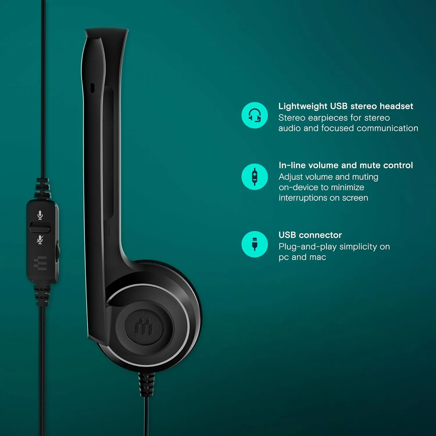 Sennheiser PC 8 USB - Stereo USB Headset for PC and MAC with In-line Volume and Mute Control - Black