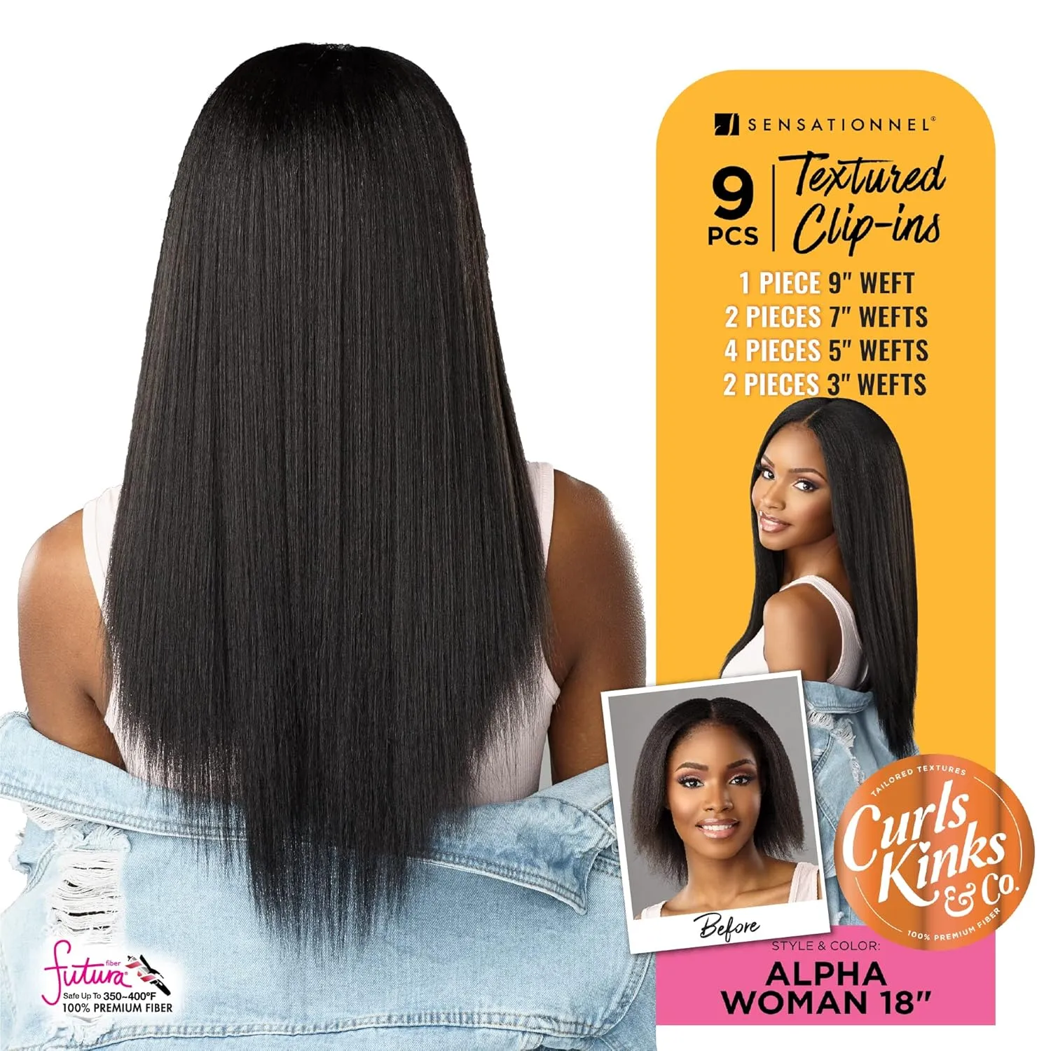 Sensationnel Curls Kinksandco Clip In - Alpha Woman 18 Inch 9 Piece Pack Easy to Use Clips for Natural 3C to 4C Hair (T2/30)