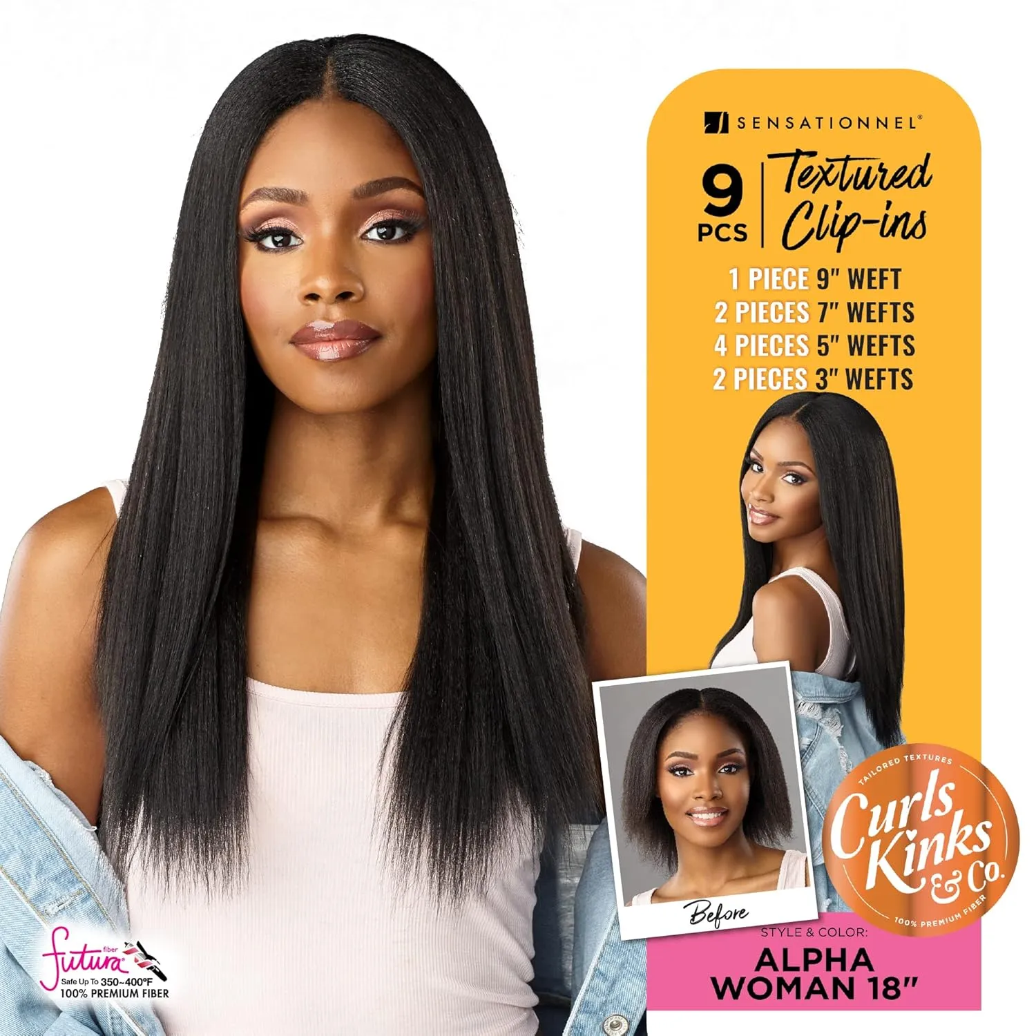 Sensationnel Curls Kinksandco Clip In - Alpha Woman 18 Inch 9 Piece Pack Easy to Use Clips for Natural 3C to 4C Hair (T2/30)