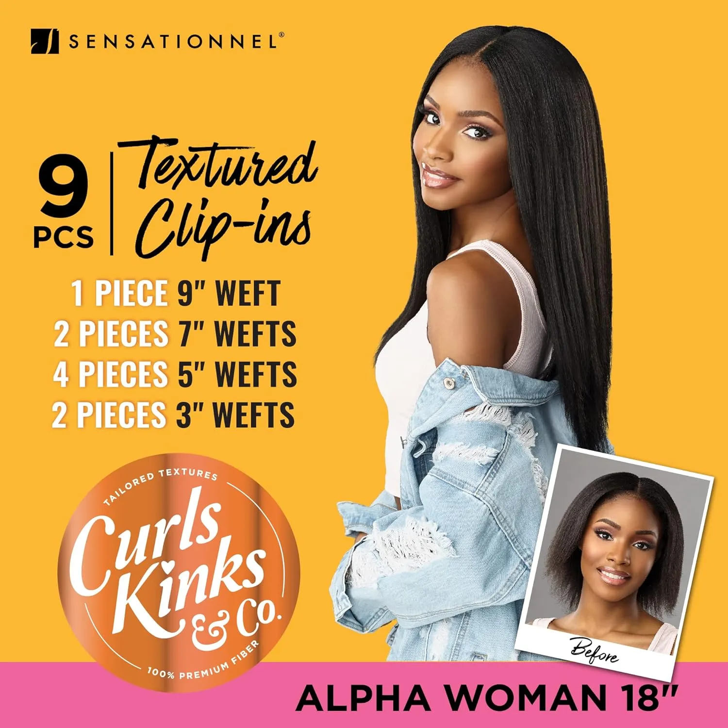 Sensationnel Curls Kinksandco Clip In - Alpha Woman 18 Inch 9 Piece Pack Easy to Use Clips for Natural 3C to 4C Hair (T2/30)