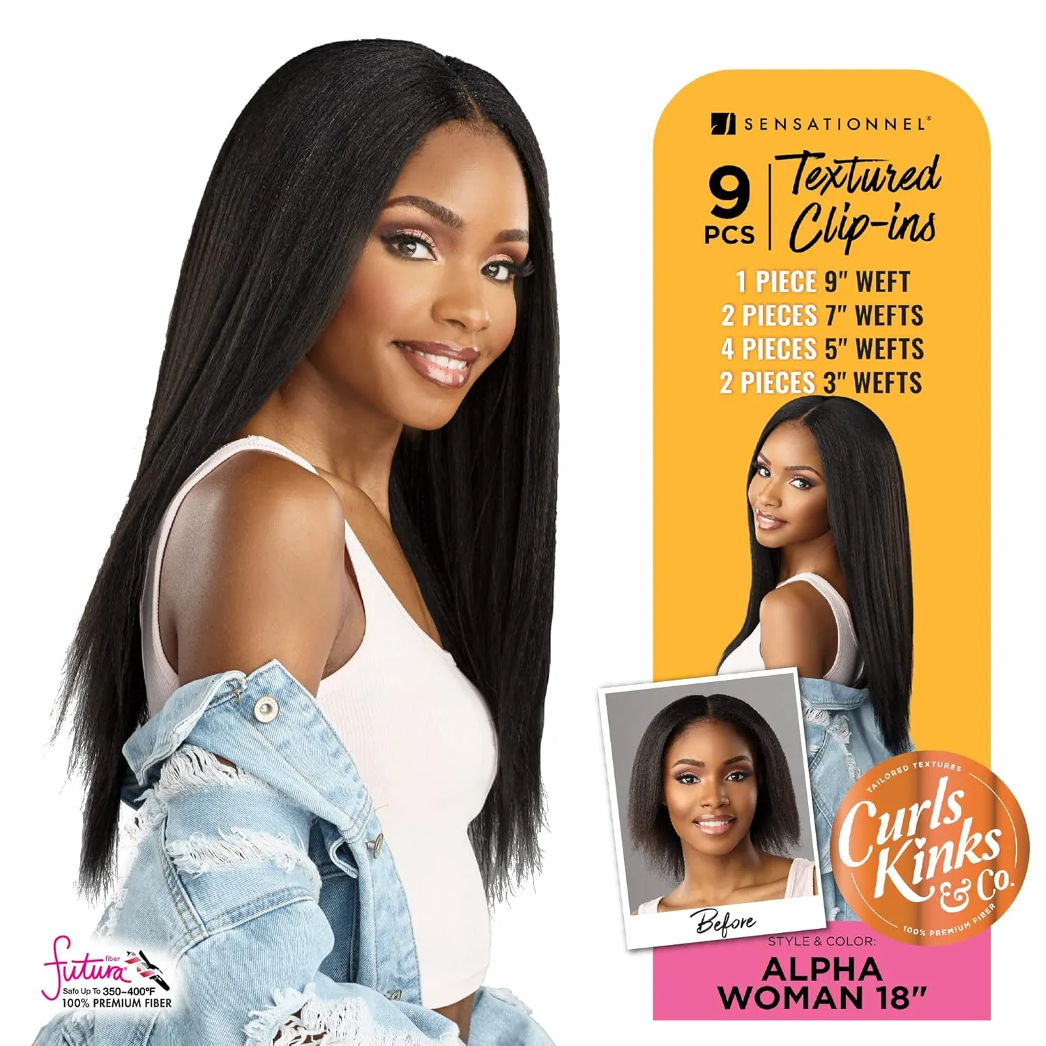 Sensationnel Curls Kinksandco Clip In - Alpha Woman 18 Inch 9 Piece Pack Easy to Use Clips for Natural 3C to 4C Hair (T2/30)
