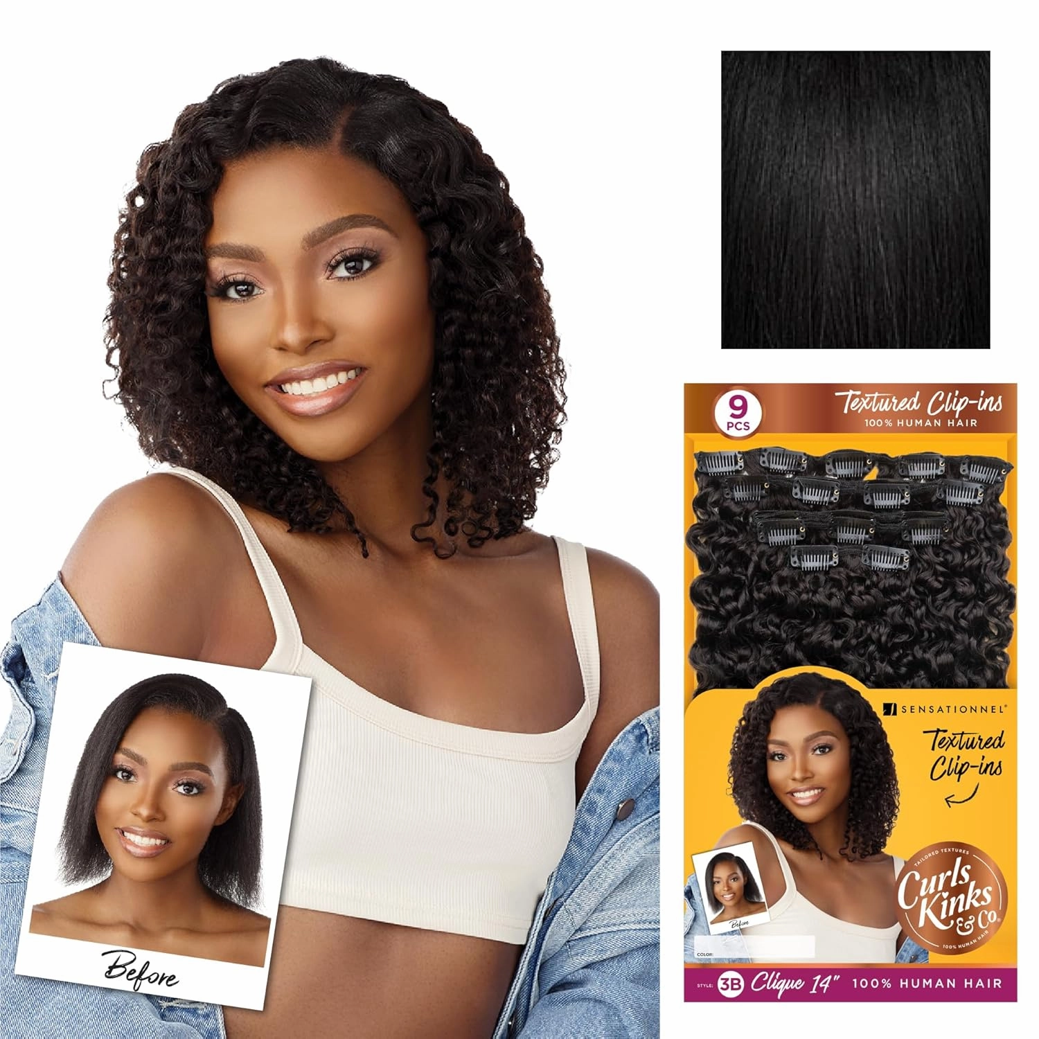 Sensationnel Curls kinksandco clip in - clique 9 piece pack easy to use clips for natural 3c to 4c human hair (14 inch, NATURAL/BLACK)