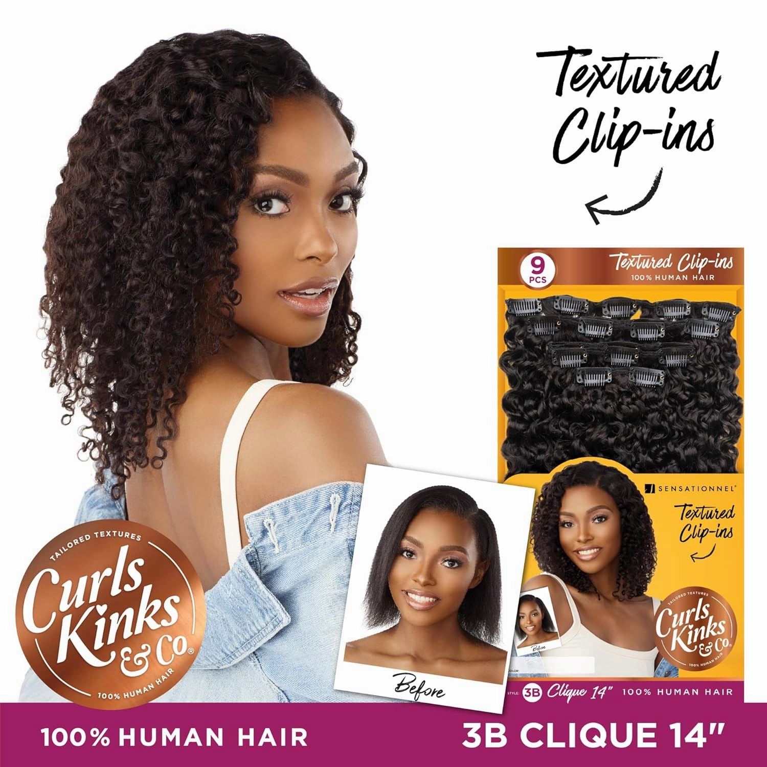 Sensationnel Curls kinksandco clip in - clique 9 piece pack easy to use clips for natural 3c to 4c human hair (14 inch, NATURAL/BLACK)
