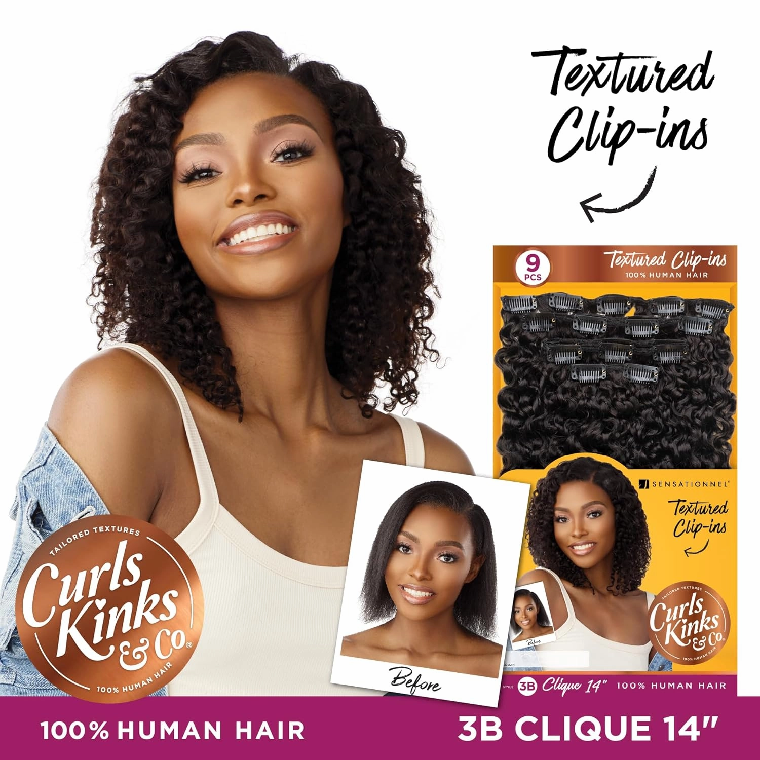 Sensationnel Curls kinksandco clip in - clique 9 piece pack easy to use clips for natural 3c to 4c human hair (14 inch, NATURAL/BLACK)