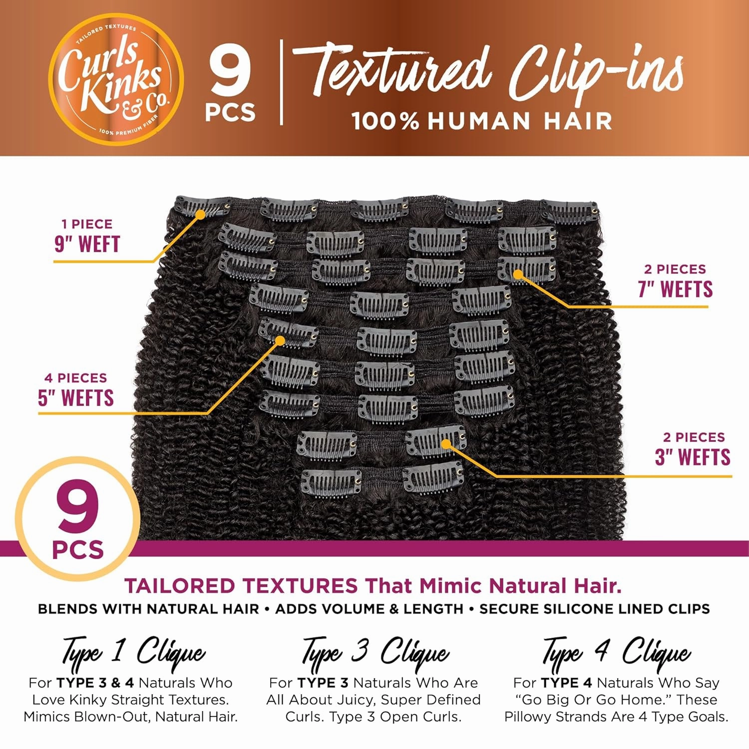 Sensationnel Curls kinksandco clip in - clique 9 piece pack easy to use clips for natural 3c to 4c human hair (14 inch, NATURAL/BLACK)