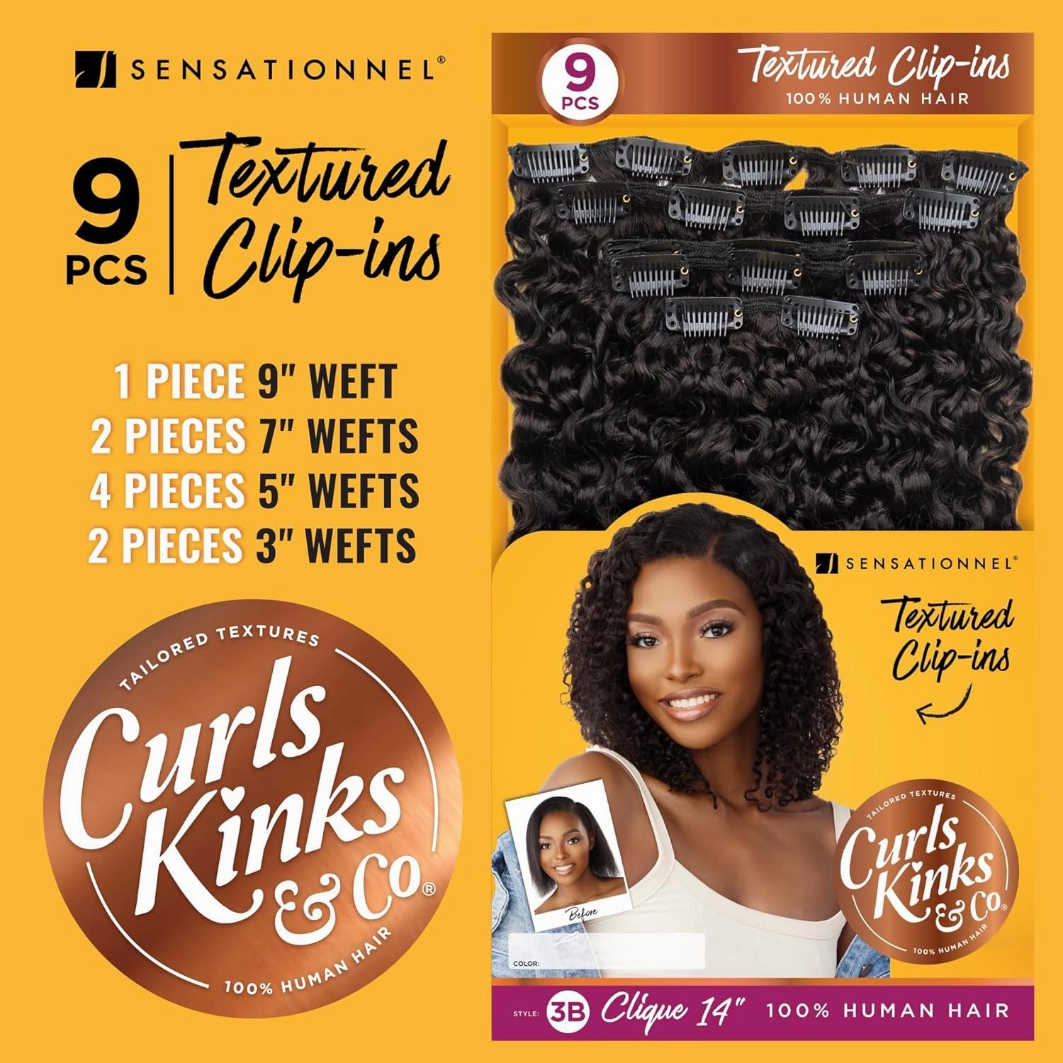 Sensationnel Curls kinksandco clip in - clique 9 piece pack easy to use clips for natural 3c to 4c human hair (14 inch, NATURAL/BLACK)