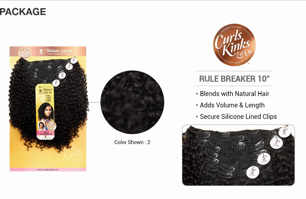 Sensationnel Curls Kinksandco Clip In - Rule Breaker 10 Inch 9 Piece Pack Easy to Use Clips for Natural 3C to 4C Hair (1B OFFBLACK)
