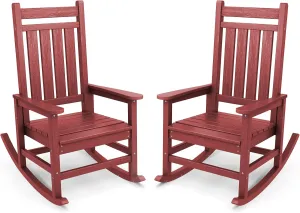 SERWALL Outdoor Rocking Chair Set of 2, HDPE Rocking Chairs for Adult, All Weather Porch Rockers for Lawn Garden, Crimson Red
