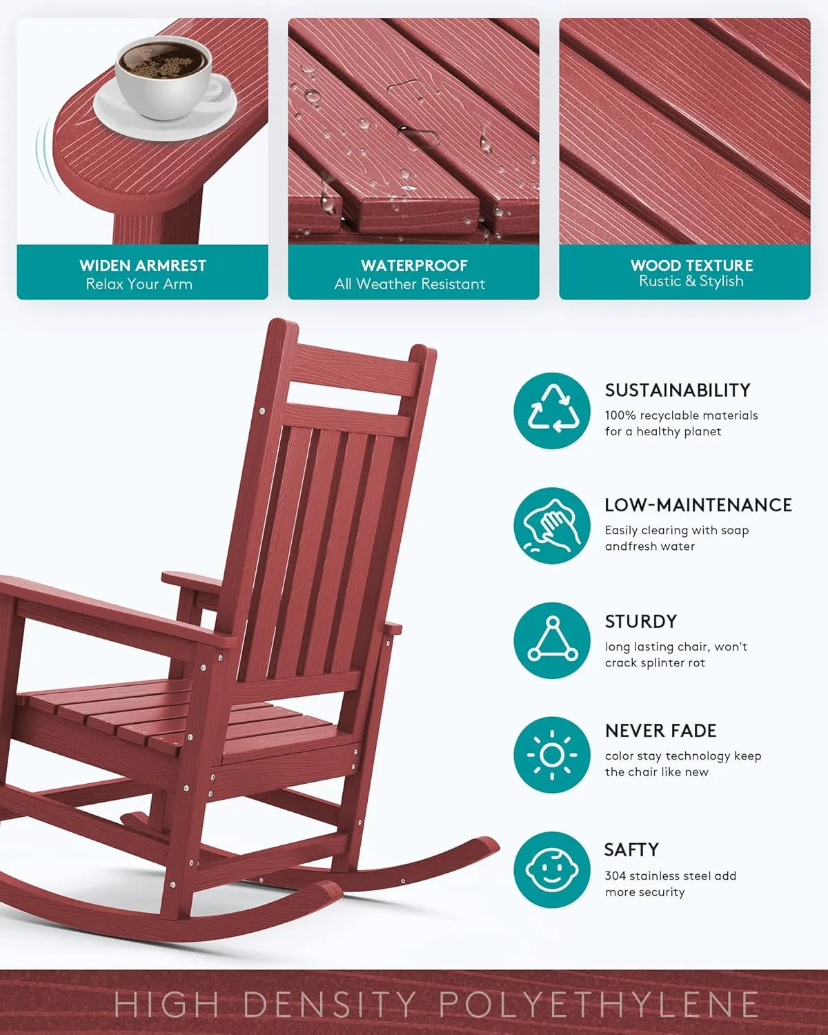 SERWALL Outdoor Rocking Chair Set of 2, HDPE Rocking Chairs for Adult, All Weather Porch Rockers for Lawn Garden, Crimson Red