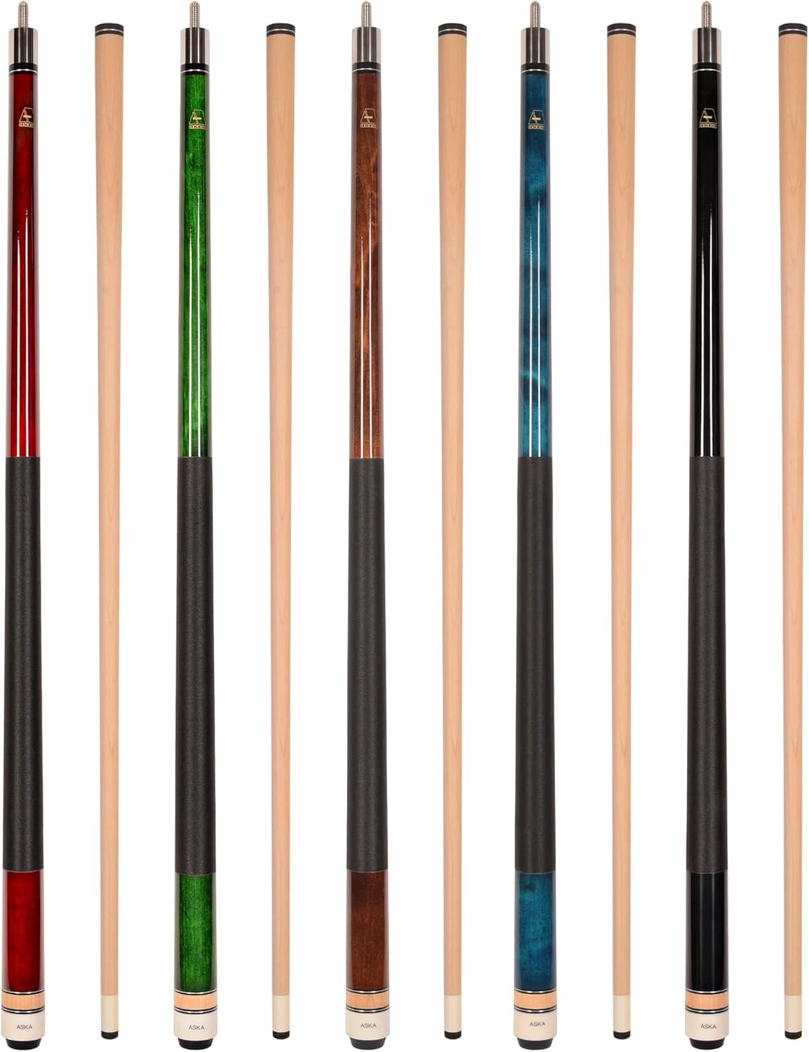 Set of Aska L2 Billiard Pool Cue Sticks, 58" Hard Rock Canadian Maple, 5/16x18 Joint, 13mm Hard Tip, Mixed Weights