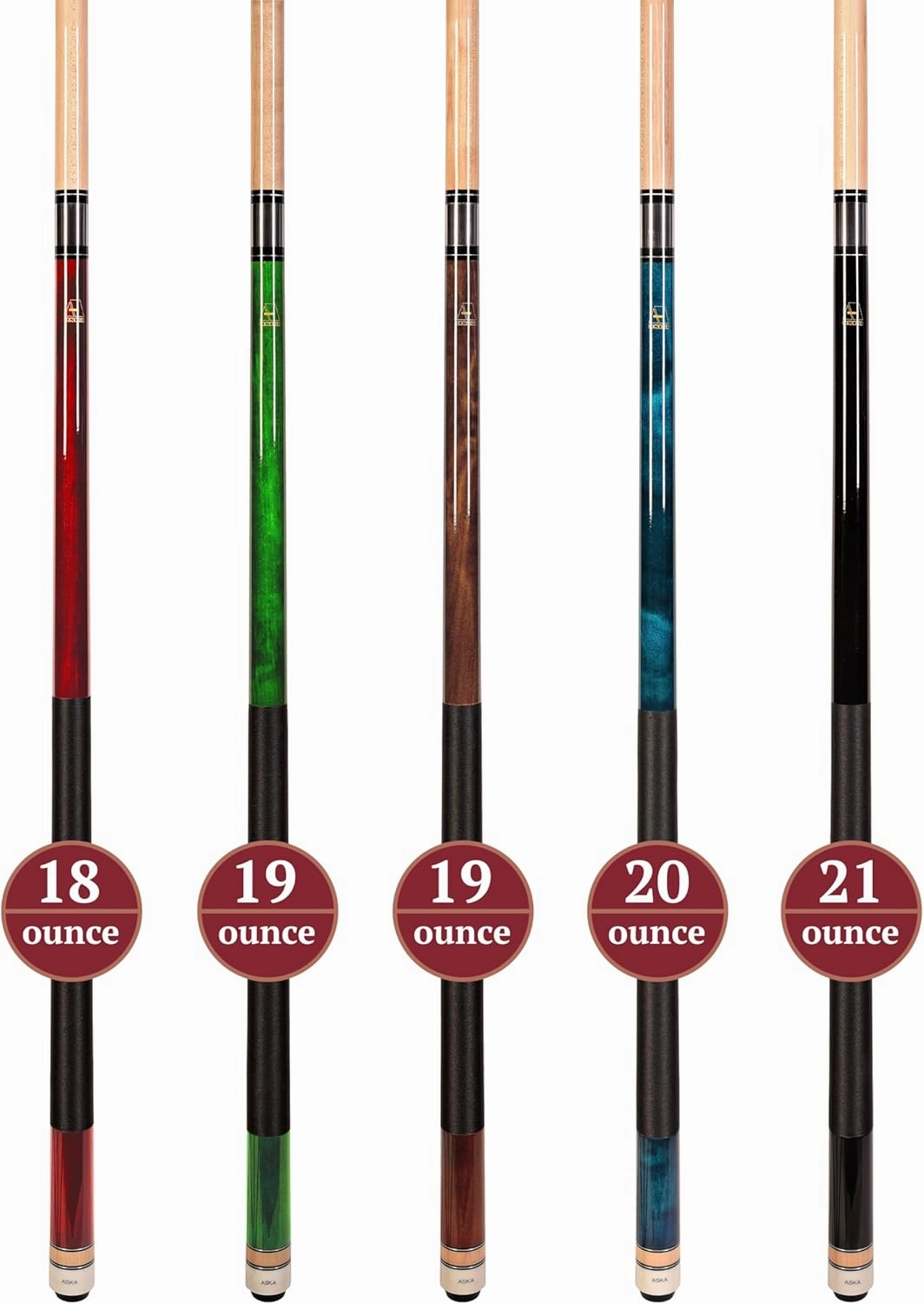 Set of Aska L2 Billiard Pool Cue Sticks, 58" Hard Rock Canadian Maple, 5/16x18 Joint, 13mm Hard Tip, Mixed Weights