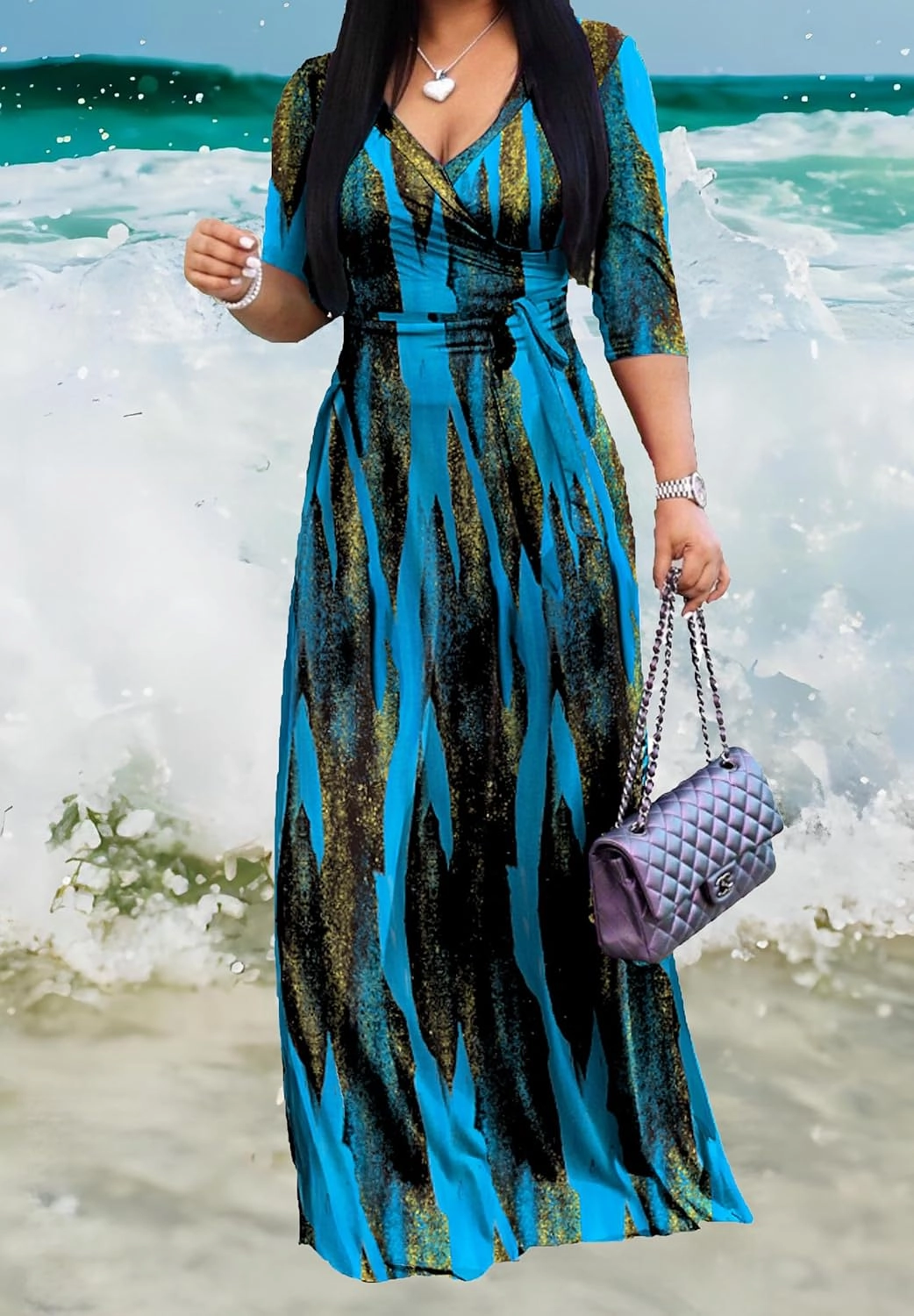 Sexy V Neck Print Maxi Dress for Women Casual Loose 3/4 Sleeves Outfits with Belt