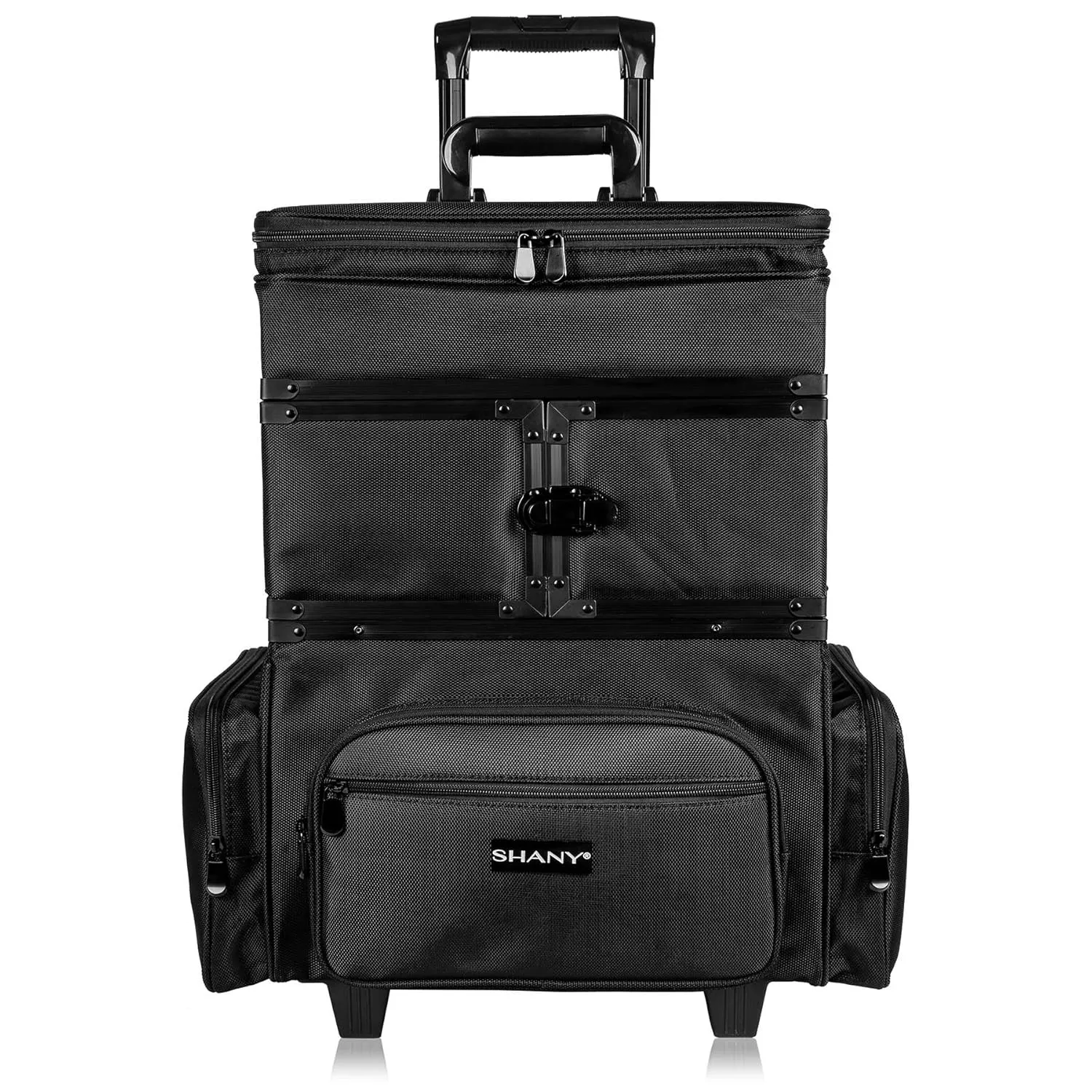 SHANY Large Travel Makeup Trolley Storage Case - Rolling Cosmetics Case with Detachable Sections and Multiple Compartments - BLACK