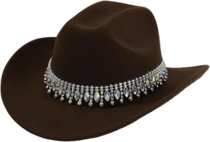 Shiny Rhinestone Women's Cowgirl Hat Western Cowboy Retro Panama Unisex Sequin Wide Brim Hat