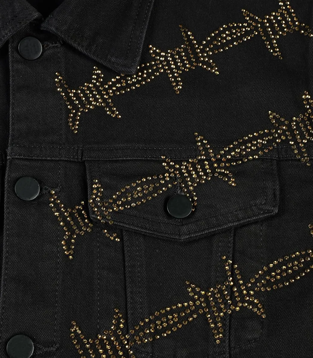 SHION7 Men's Denim Jacket, Slim Fit Streetwear Jean Jackets For Men, Fashionable Embellished Rhinestone Jeans Coat