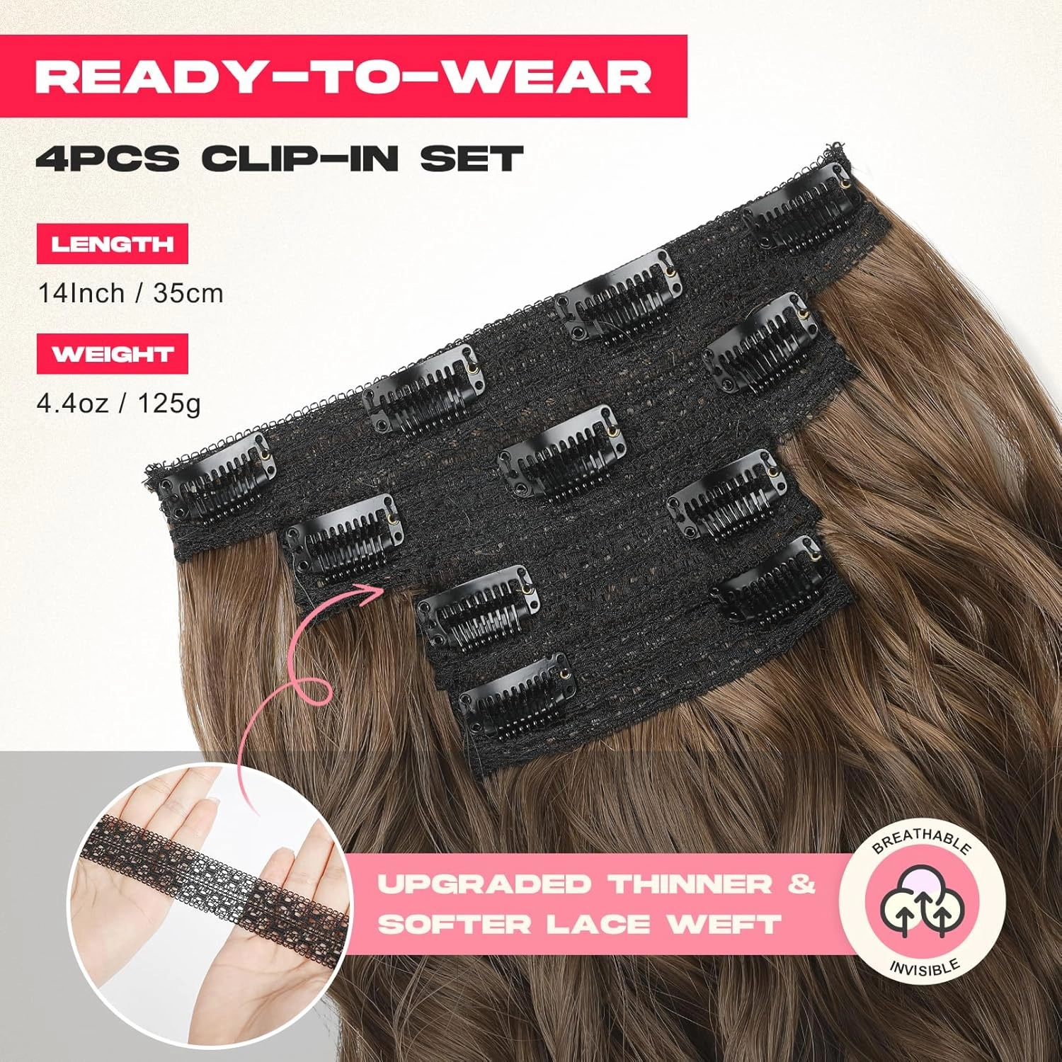 Short Clip in Hair Extensions, 14" Beach Wave Brown Hairpiece - 4PCS Natural Soft Synthetic Hair - Light Brown