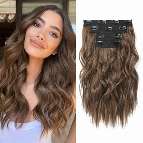 Short Clip in Hair Extensions, 14" Beach Wave Brown Hairpiece - 4PCS Natural Soft Synthetic Hair - Light Brown